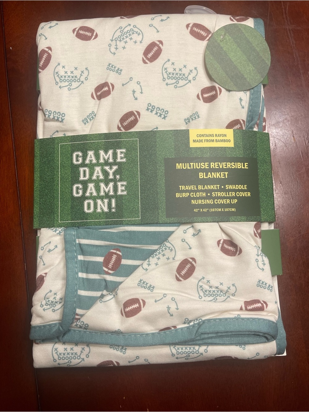 Multiuse Reversible Baby Blanket - White with Teal & Brown Football Print